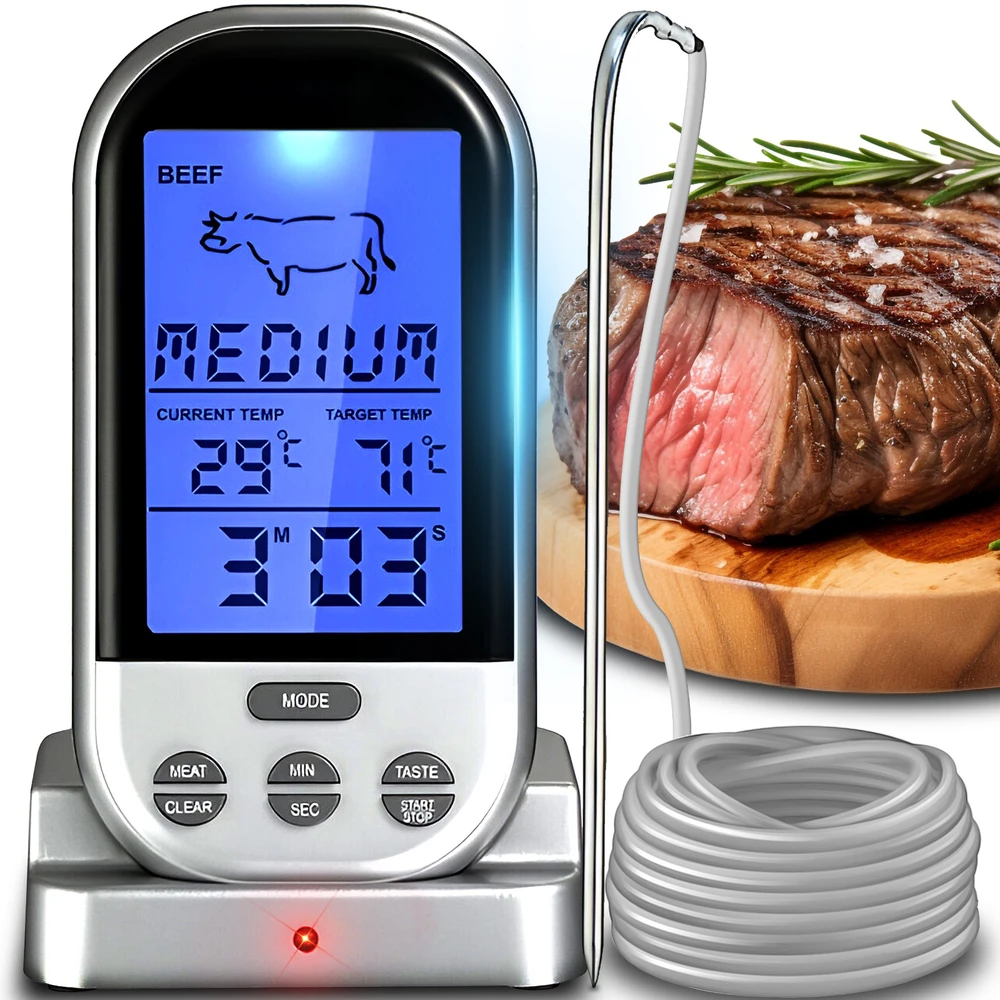 Skaitmeninis mėsos termometras su mėlynu LCD ekranu