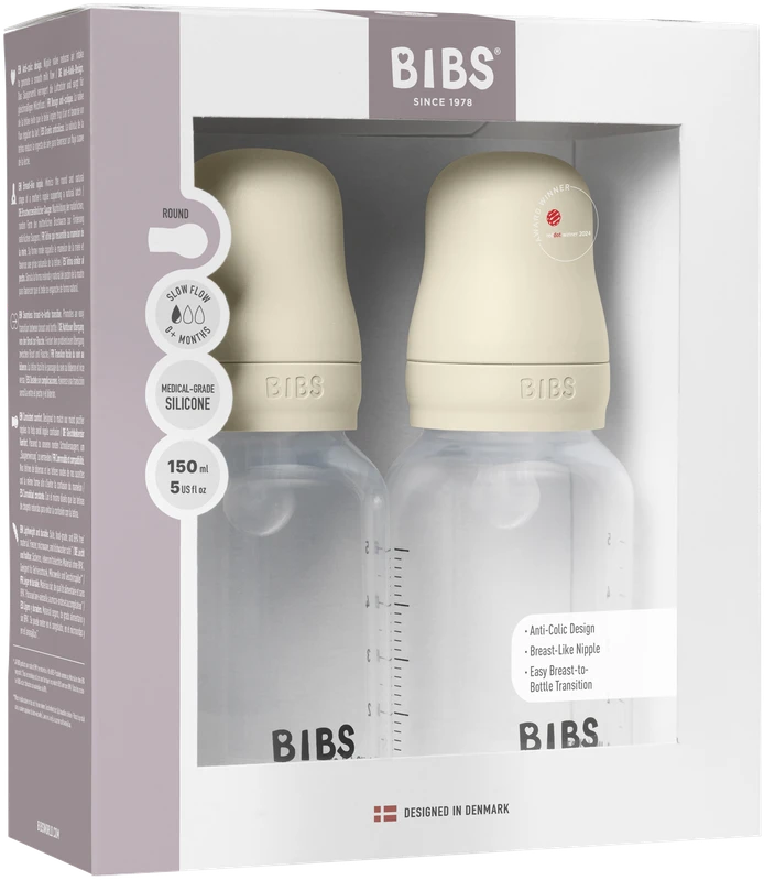 Bibs SEILINTUKAI - Kūdikių buteliukai apvalūs silikoniniai, 2 vnt. - Dramblio kaulo spalvos - 150 ml