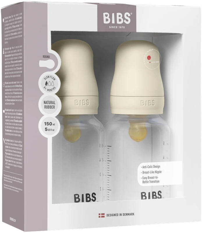 Badabulle Bibs SEILINTUKAI - Kūdikių buteliukai su apvaliais latekso buteliukais, 2 vnt., lėto srauto - Dramblio kaulo spalvos - 150 ml