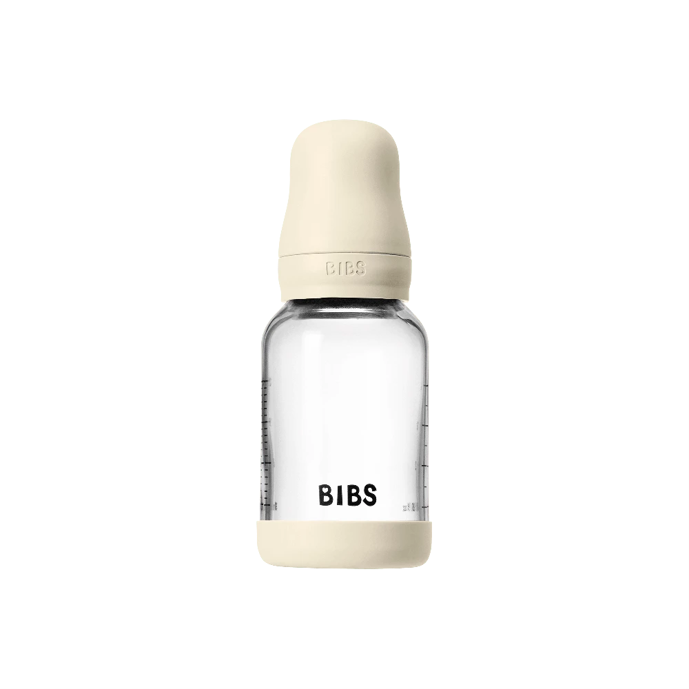 Bibs SEILINTUKAI - stiklinis kūdikių buteliukas, apvalus, lateksinis, lėto srauto - dramblio kaulo spalvos - 120 ml