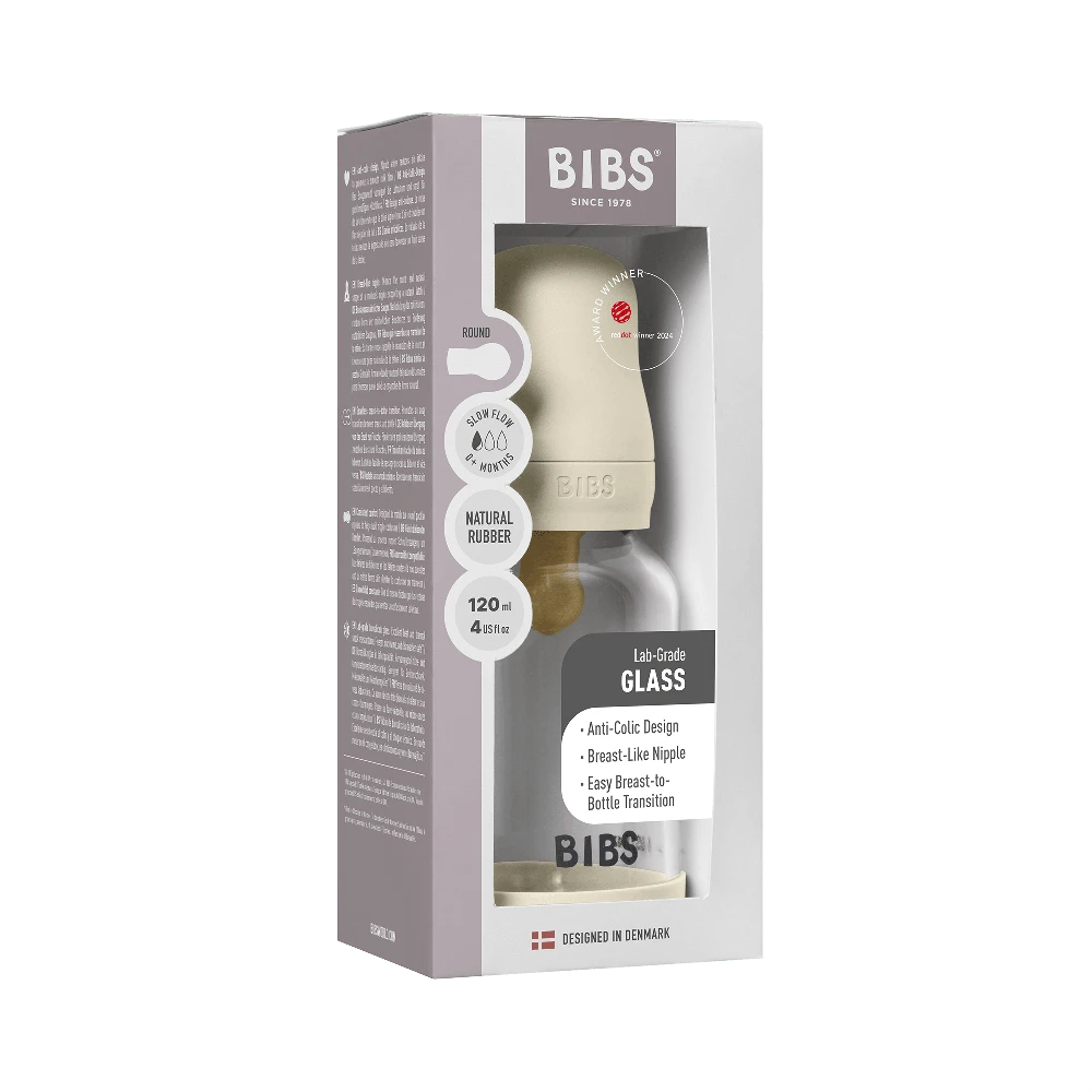 Bibs SEILINTUKAI - stiklinis kūdikių buteliukas, apvalus, lateksinis, lėto srauto - dramblio kaulo spalvos - 120 ml