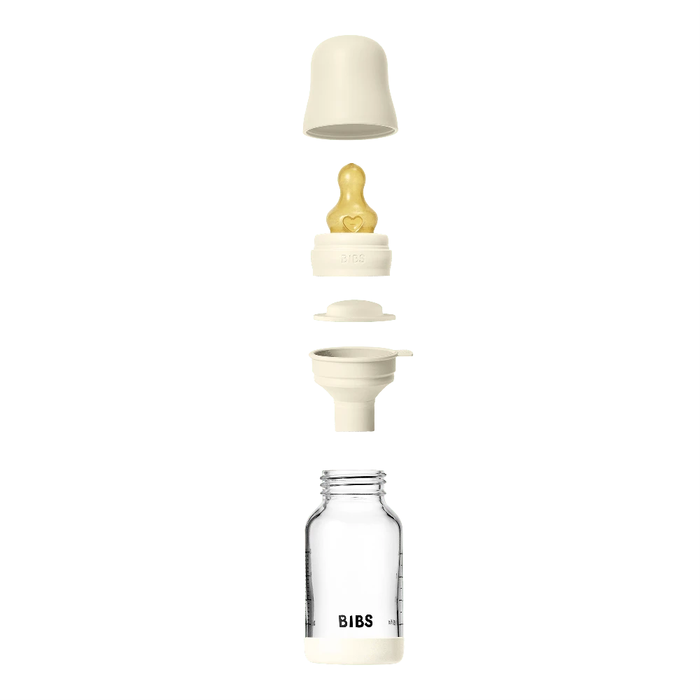 Bibs SEILINTUKAI - stiklinis kūdikių buteliukas, apvalus, lateksinis, lėto srauto - dramblio kaulo spalvos - 120 ml