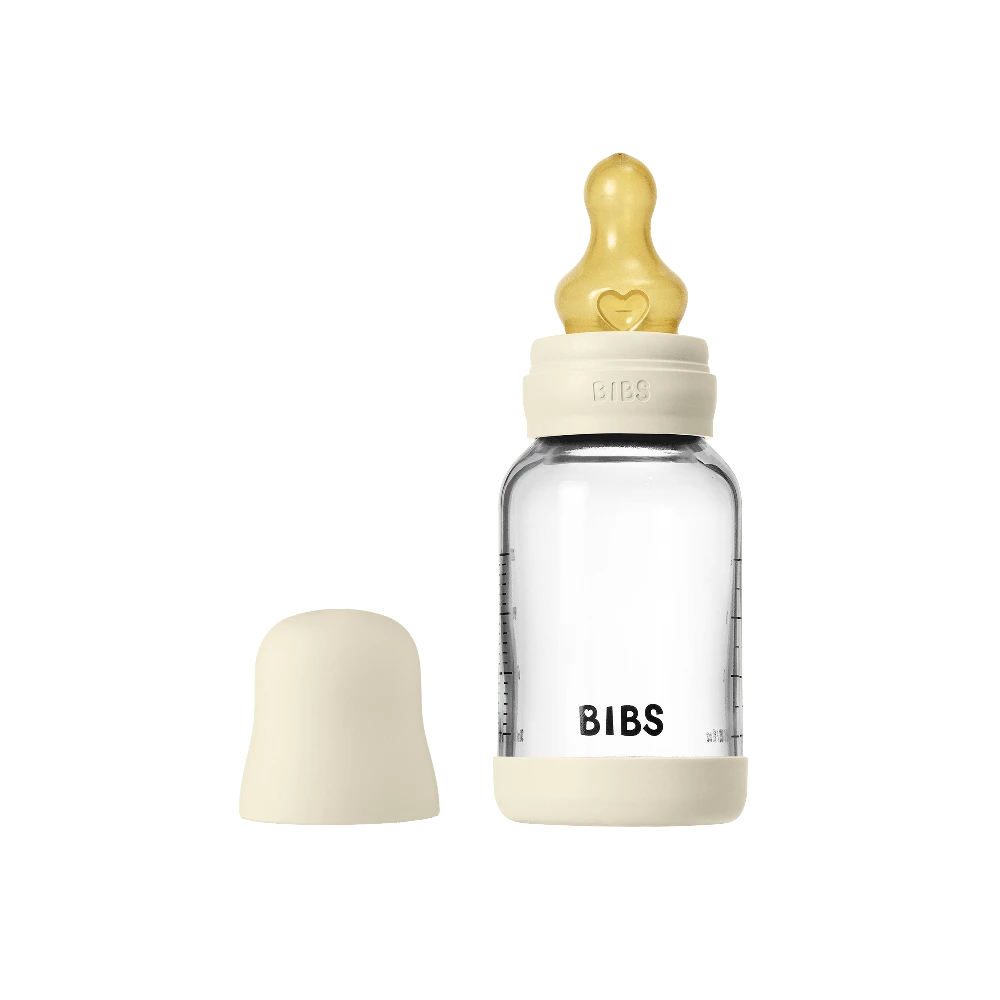 Bibs SEILINTUKAI - stiklinis kūdikių buteliukas, apvalus, lateksinis, lėto srauto - dramblio kaulo spalvos - 120 ml