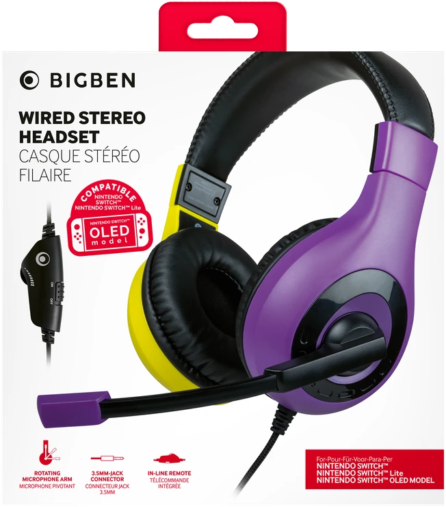 Big Ben „BigBen“ interaktyvios stereo žaidimų ausinės V1 – violetinė + geltona (jungiklis)