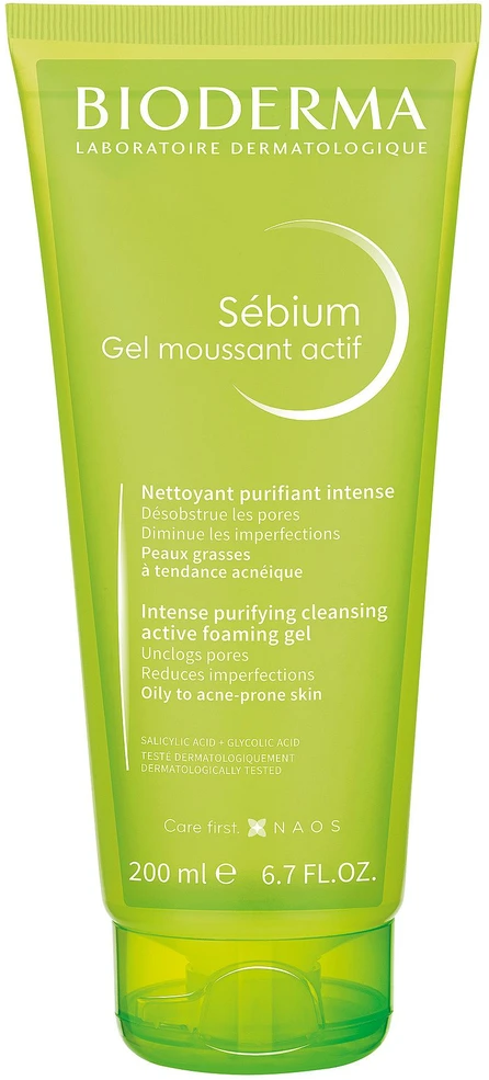Bioderma aktyvaus poveikio rūgštinis prausiklis riebiai, į spuogus linkusiai odai SÉBIUM GEL MOUSSANT ACTIF, 200 ml