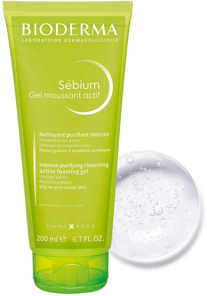 Bioderma aktyvaus poveikio rūgštinis prausiklis riebiai, į spuogus linkusiai odai SÉBIUM GEL MOUSSANT ACTIF, 200 ml