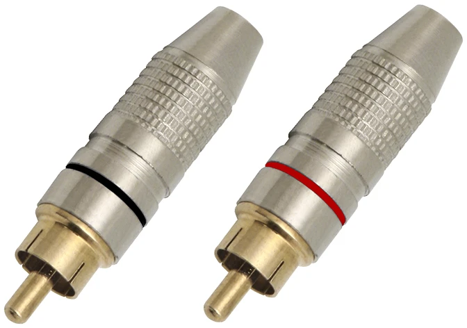 3774# RCA kištukas sidabro-metalo, aukso, juodos/raudonos spalvos