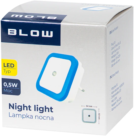 Blow LED naktinė lempa su prieblandos jutikliu, kvadratinė mėlyna