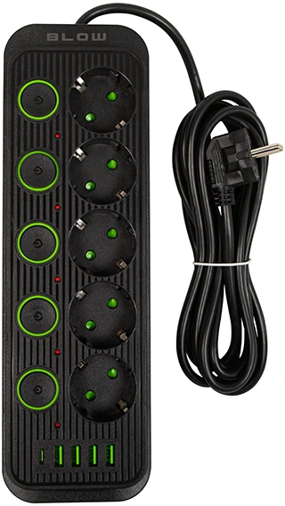 Blow PS-530S 5 lizdų tinklo ilgintuvas 4xUSB 1xUSB-C 3m juodas 2x1mm