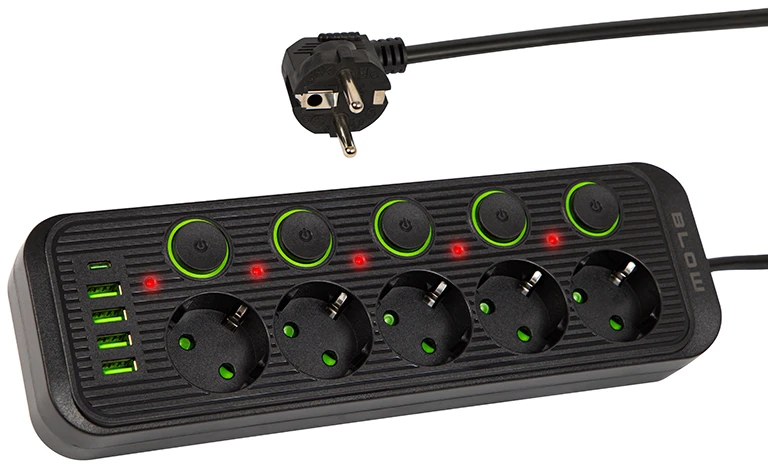 Blow PS-530S 5 lizdų tinklo ilgintuvas 4xUSB 1xUSB-C 3m juodas 2x1mm