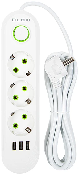 Blow PS-330 3 lizdų 3xUSB tinklo ilgintuvas 3m baltas 2x1mm