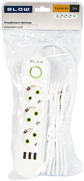 Blow PS-330 3 lizdų 3xUSB tinklo ilgintuvas 3m baltas 2x1mm
