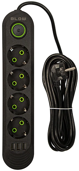 Blow PS-450 4 lizdų 3xUSB tinklo ilgintuvas 5m juodas 2x1mm