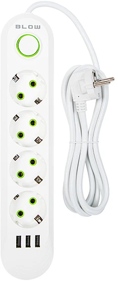 Blow PS-420 4 lizdų 3xUSB tinklo ilgintuvas 2m baltas 2x1mm