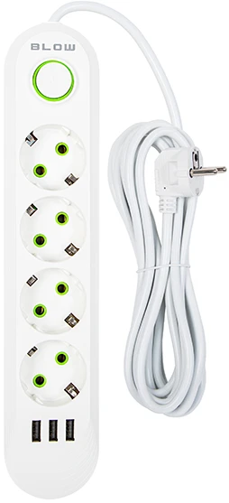 Blow PS-450 4 lizdų 3xUSB tinklo ilgintuvas 5m baltas 2x1mm
