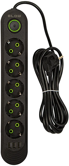 Blow PS-530 5 lizdų 3xUSB tinklo ilgintuvas 3m juodas 2x1mm