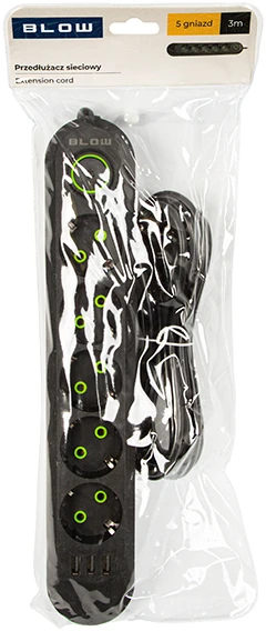 Blow PS-530 5 lizdų 3xUSB tinklo ilgintuvas 3m juodas 2x1mm