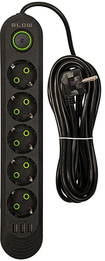 Blow PS-550 5 lizdų 3xUSB tinklo ilgintuvas 5m juodas 2x1mm