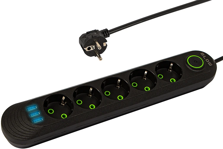 Blow PS-550 5 lizdų 3xUSB tinklo ilgintuvas 5m juodas 2x1mm