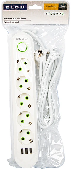 Blow PS-520 5 lizdų 3xUSB tinklo ilgintuvas 2m baltas 2x1mm