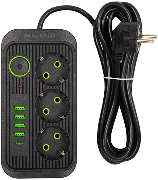 Blow PS-330S 3 lizdų tinklo ilgintuvas 4xUSB 1xUSB-C 3m juodas 2x1mm