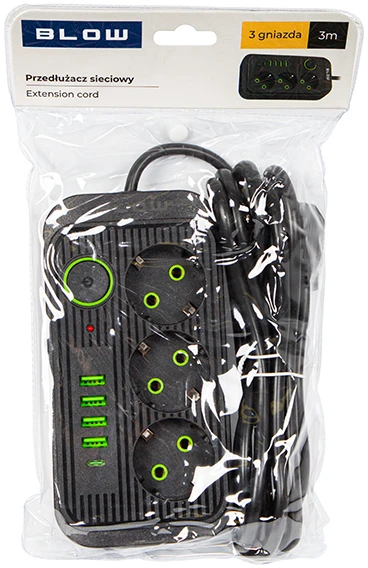 Blow PS-330S 3 lizdų tinklo ilgintuvas 4xUSB 1xUSB-C 3m juodas 2x1mm