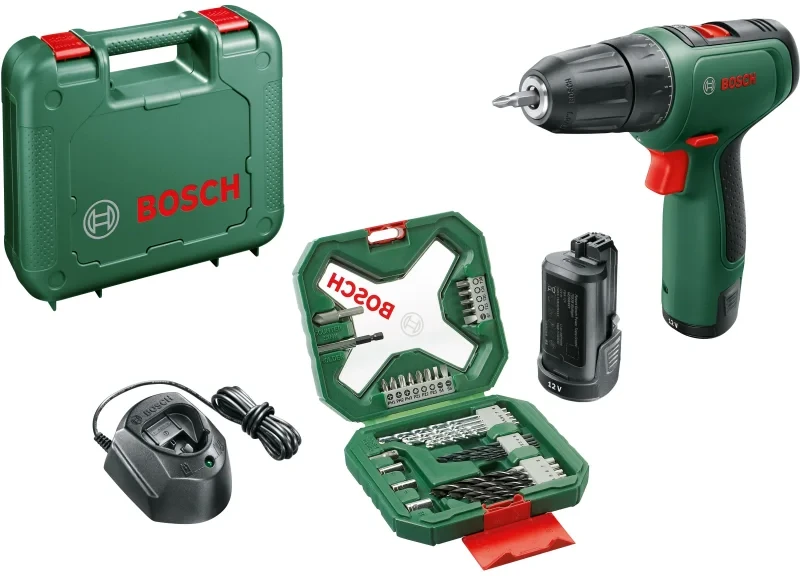 „Bosch DIY“ – akumuliatorinis gręžtuvas-suktuvas „EasyDrill 1200“ + 34 dalių antgalių ir grąžtų rinkinys (2 x ličio jonų akumuliatoriai 1,5 Ah, lagaminas)