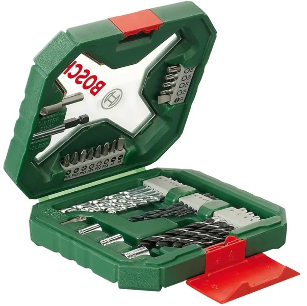 „Bosch DIY“ – akumuliatorinis gręžtuvas-suktuvas „EasyDrill 1200“ + 34 dalių antgalių ir grąžtų rinkinys (2 x ličio jonų akumuliatoriai 1,5 Ah, lagaminas)