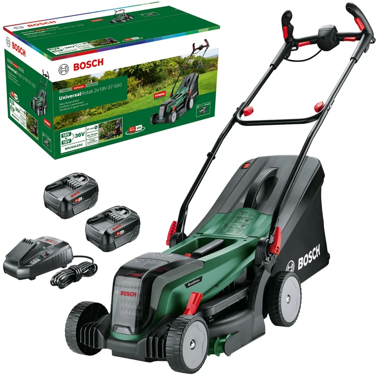 Bosch akumuliatorinė vejapjovė  UniversalRotak 2x18V-37-550, 2x4.0Ah, pilnas komplektas