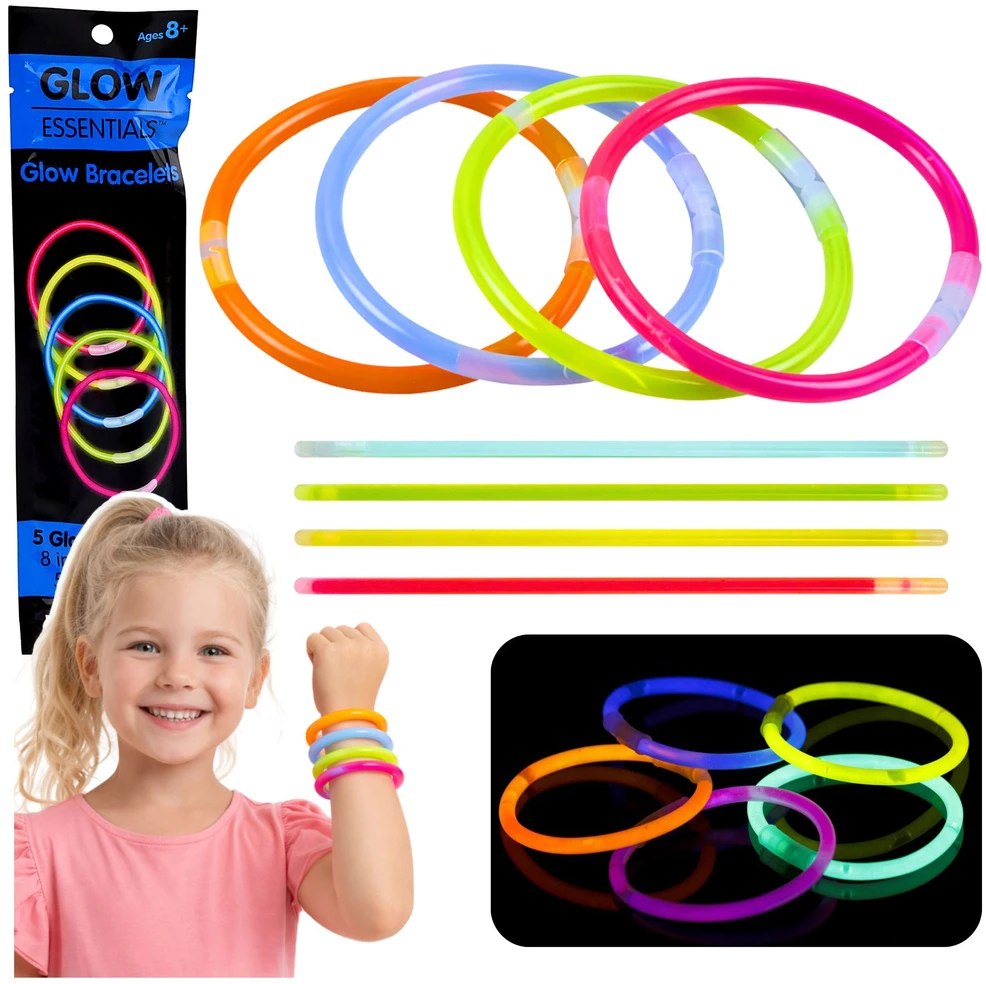 Lean Toys Bransoletki Šviečiantys tamsoje neoniniai lazdelės formos fluorescenciniai apyrankiai, 5 vnt.