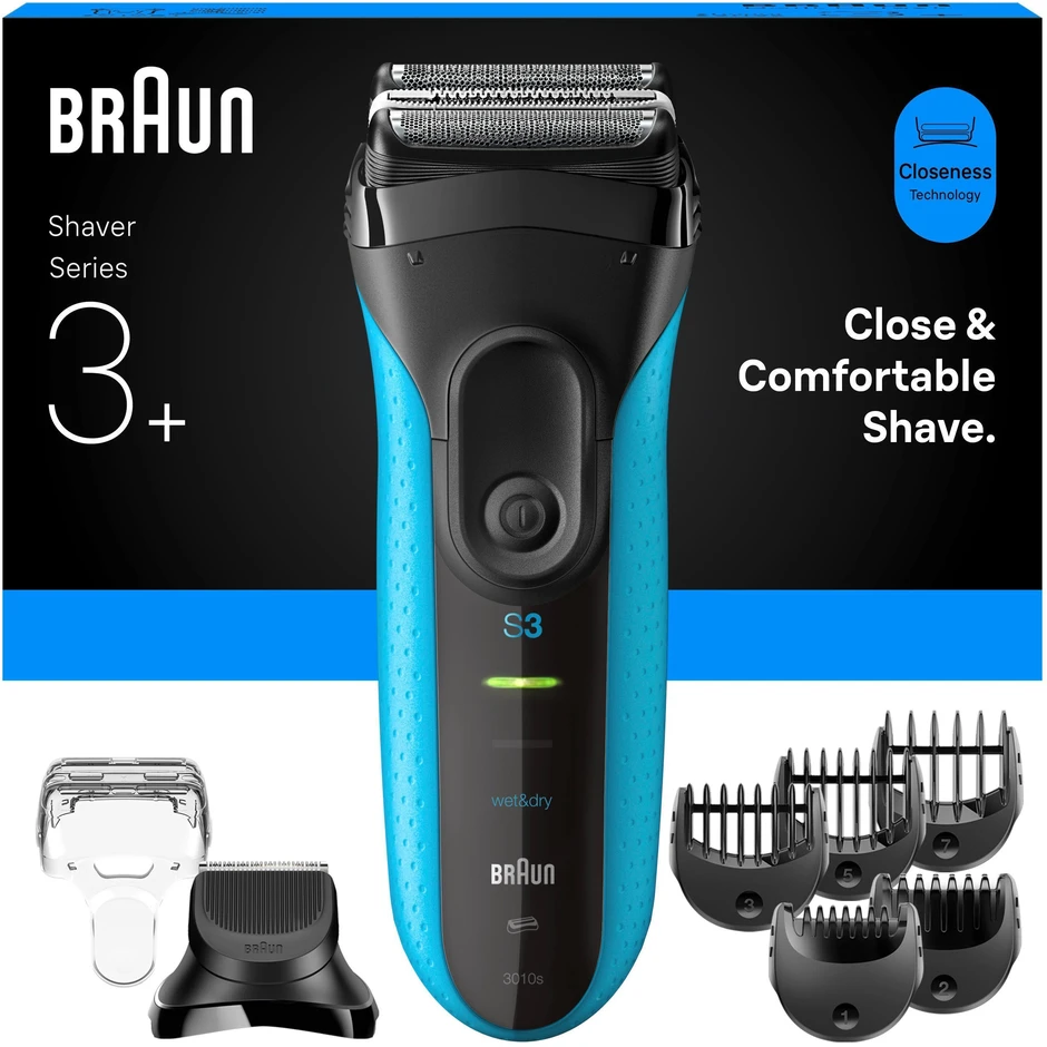 Barzdaskutė „Braun“ 3+ serijos elektrinis skustuvas su barzdos kirpimo antgaliu, drėgnam ir sausam skutimui, 3010BT, mėlynas