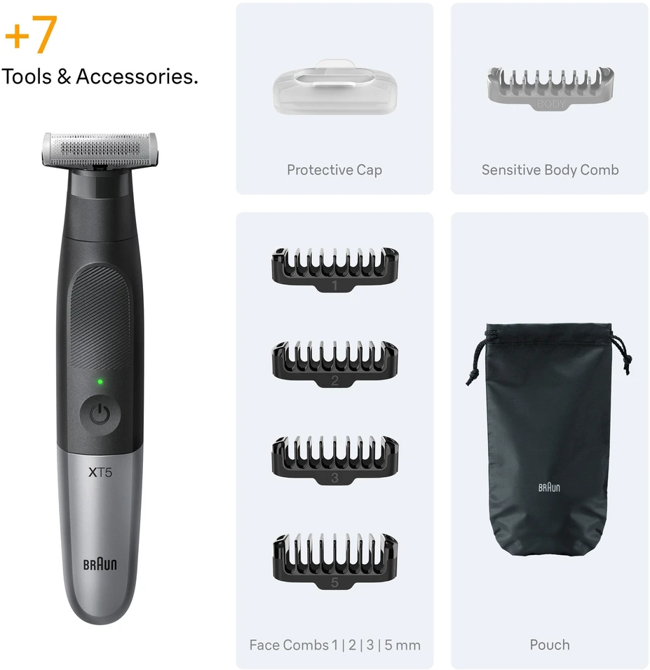 Barzdaskutė „Braun“ – „All-in-One“ serija XT5, +7 formavimo įrankiai, 4D „Flex“ peiliukas, formavimas ir skutimas, XT5100, pilka