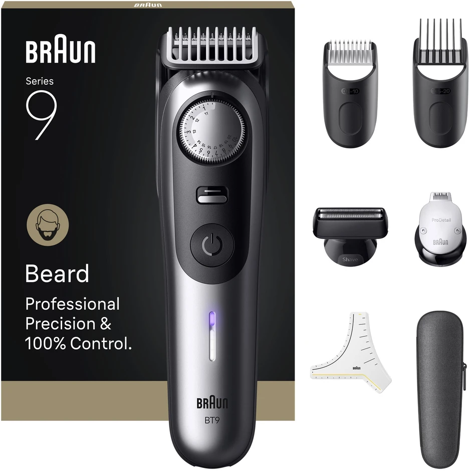 „Braun“ barzdos kirpimo mašinėlė 9 serija, +7 kirpimo įrankiai, BT9520 - matinio chromo spalvos