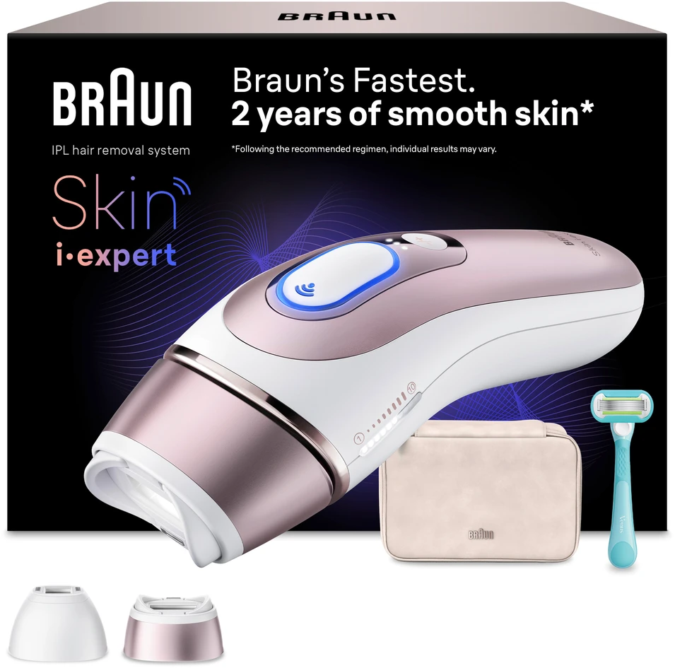 „Braun“ – išmanusis IPL Skin i·expert plaukų šalinimo prietaisas namams, su nemokama programėle, 2 išmaniosiomis galvutėmis – baltas/bronzinis