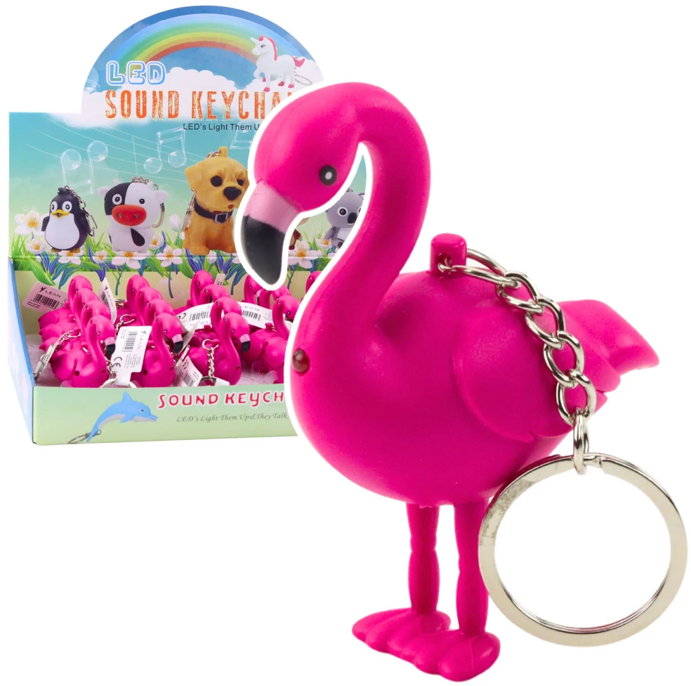 Lean Toys Flamingo formos LED raktų pakabukas su garsu