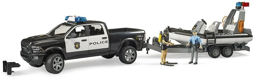 BRUDER RAM 2500 policijos pikapas su priekaba ir valtimi, 02507