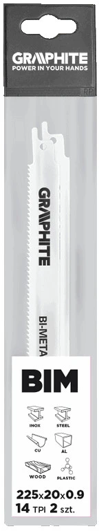 Tiesinio pjūklo geležtės GRAPHITE BIM 225 x 20 x 0.9 mm - 14 TPI (2 vnt.)
