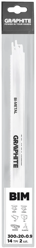 Tiesinio pjūklo geležtės GRAPHITE BIM 300 x 20 x 0.9 mm - 14TPI (2 vnt.)
