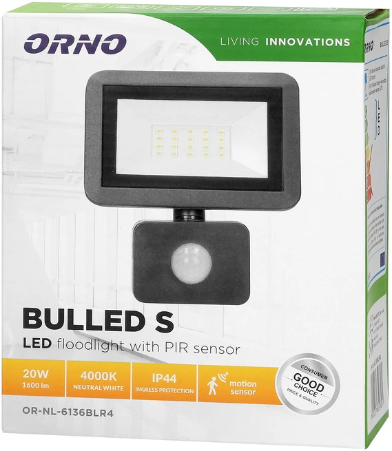 Orno BULLED S 20W prožektorius su PIR, 1600lm, IP44, 4000K, aliuminis ir stiklas