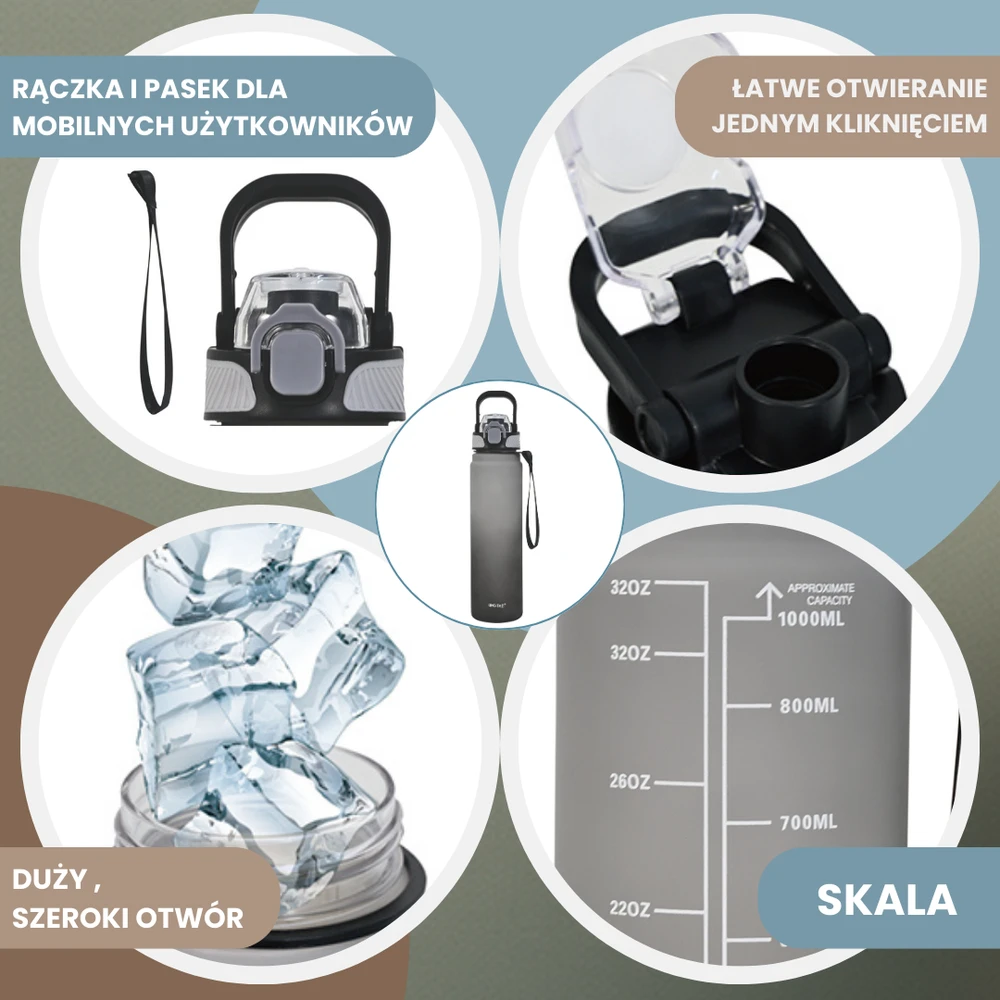 Gertuvė Butelka Buteliukas Vandens butelis 1 l, su užsegimu, be BPA, nepralaidus, kinghoff kh-2008