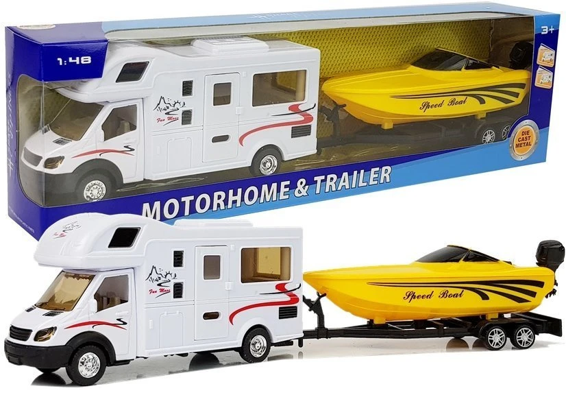 Lean Toys Žaislinis kemperis su geltona motorine valtimi 1:48