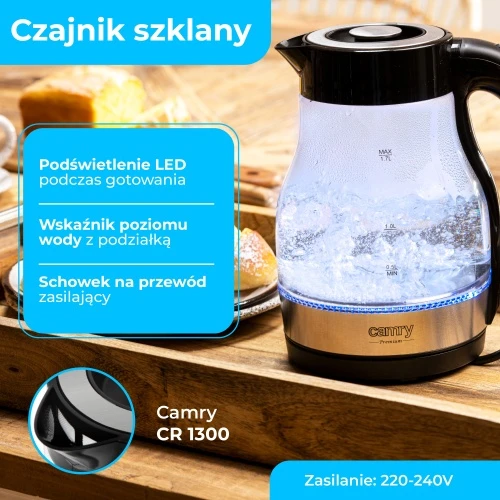 Camry | Virdulys | CR 1300 | Electric | 2200 W | 1.7 L | Glass | 360° rotational base | Juodas