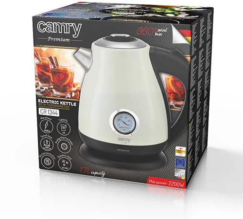 Camry | Virdulys with a thermometer | CR 1344 | Electric | 2200 W | 1.7 L | Nerūdijantis plienas | 360° rotational base | Kreminis