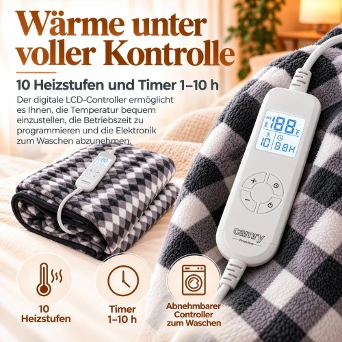 Adler Camry | Elektrinio šildymo užvalkalas su laikmačiu | CR 7442 | Šildymo lygių skaičius 7 | Asmenų skaičius 1 | Nuotolinio valdymo pultas | 120 W