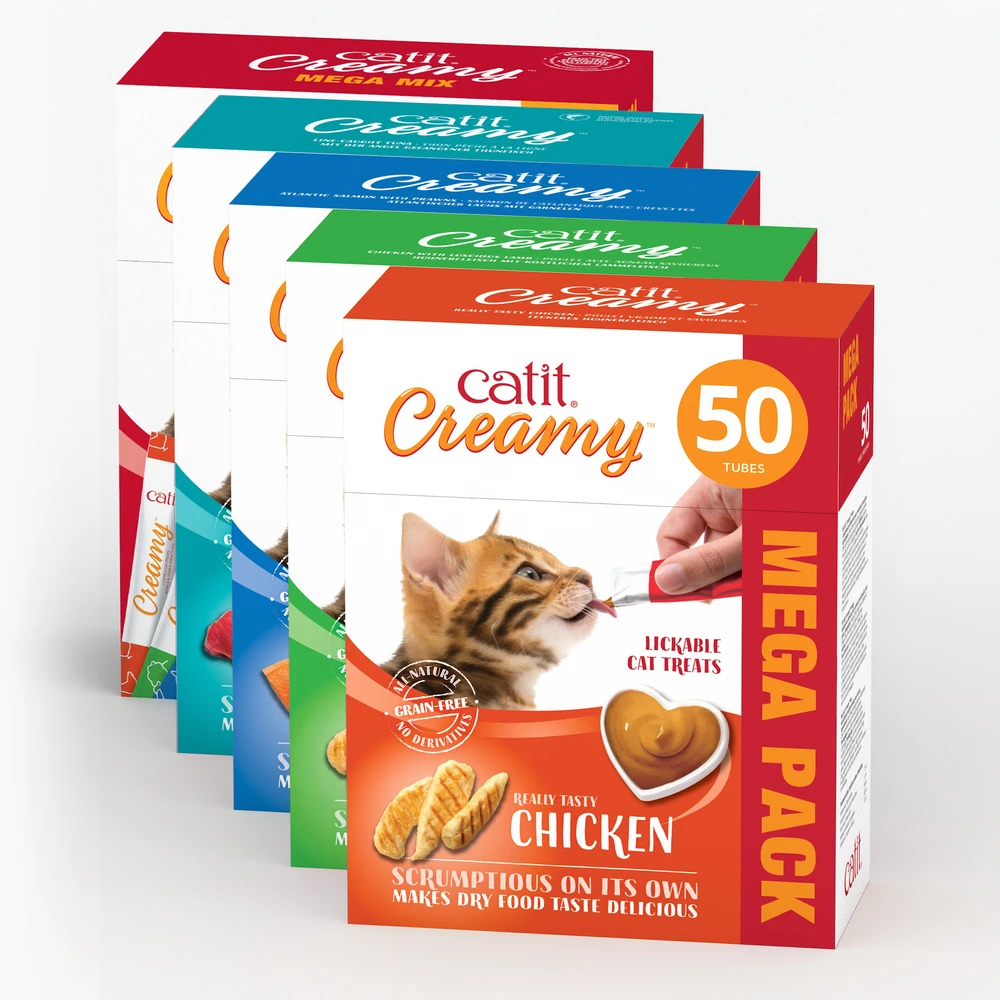 Catit - kreminis aukščiausios kokybės skanėstas katėms - lašiša su krevetėmis - mega pakuotė (50 x 10 g)