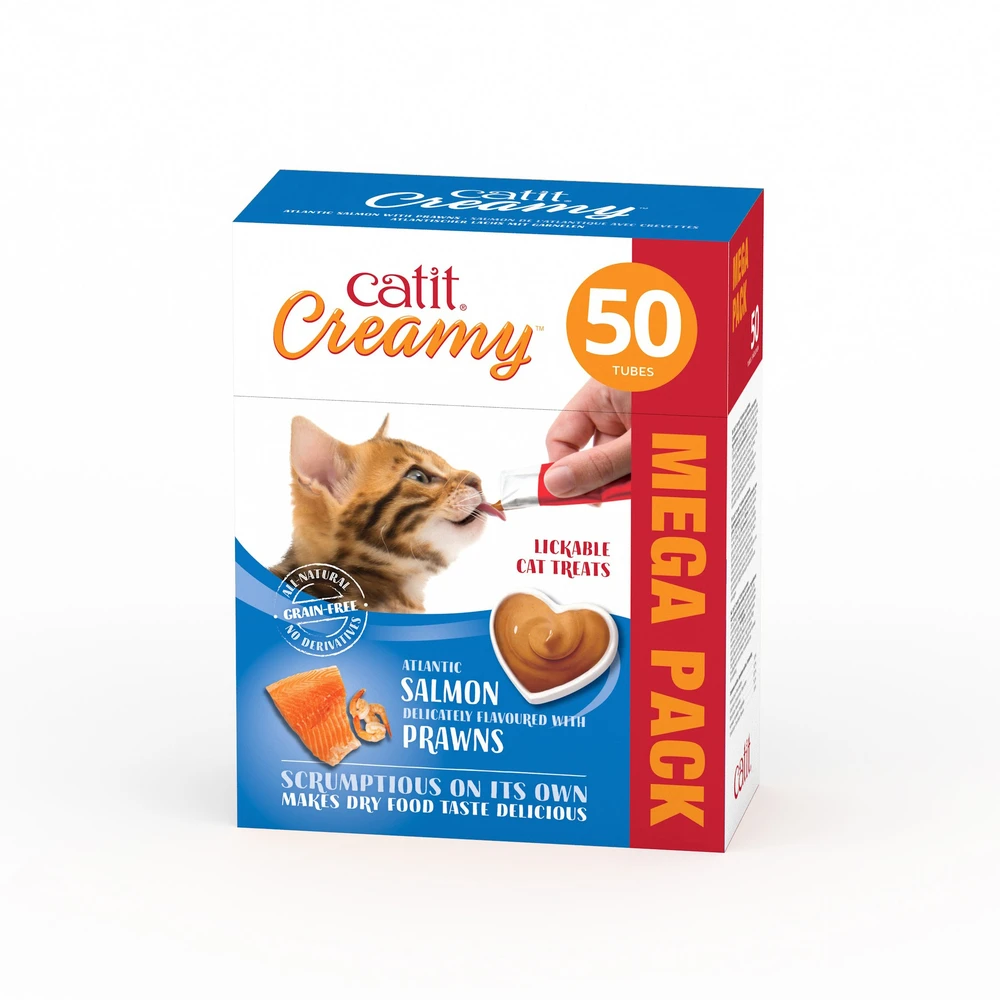 Catit - kreminis aukščiausios kokybės skanėstas katėms - lašiša su krevetėmis - mega pakuotė (50 x 10 g)
