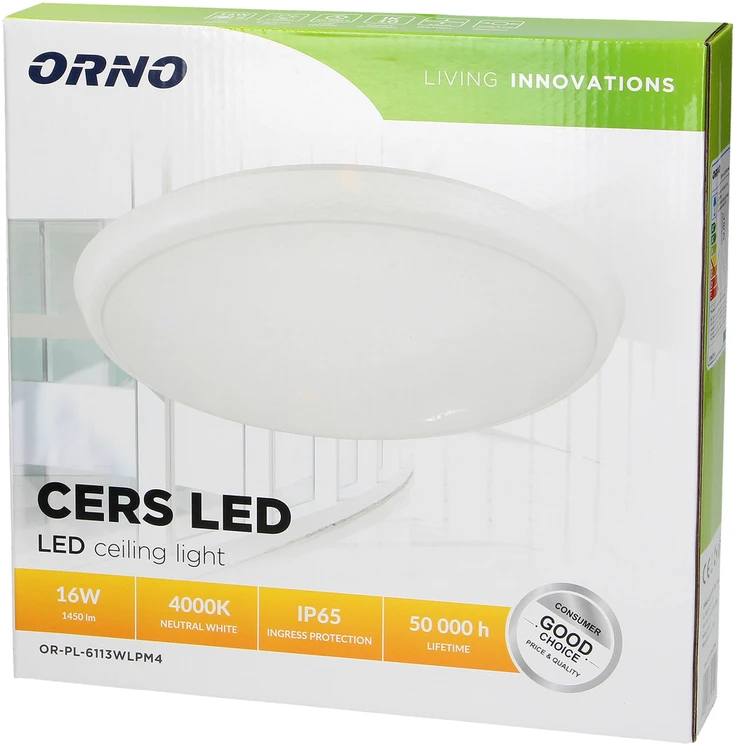 Orno CERS LED 16W, lubinis šviestuvas, 1300lm, IP65, 4000K, matinis polikarbonatas, baltas