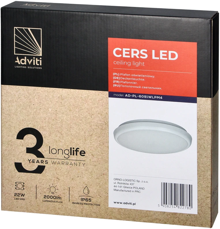 Orno CERS LED 22W, lubinis šviestuvas, 2000lm, IP65, 4000K, matinis polikarbonatas, baltas