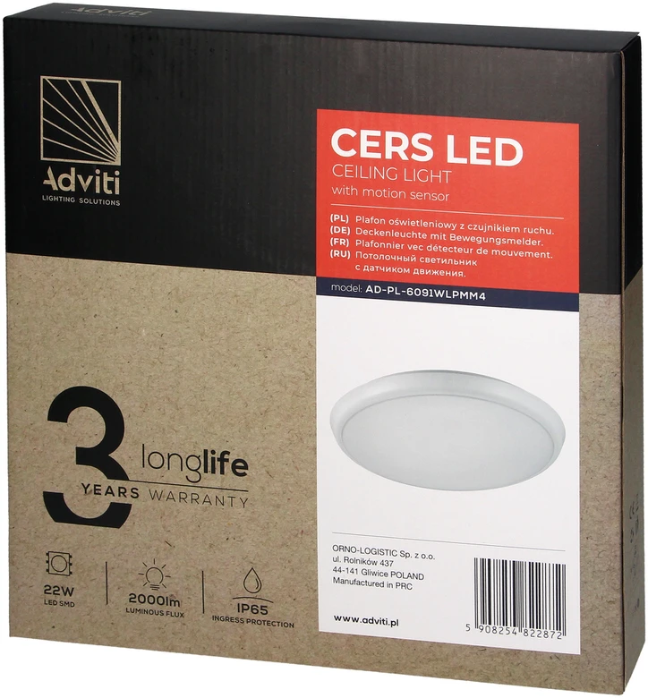 Orno CERS LED lubinis šviestuvas su mikrobangų judesio jutikliu, LED 22W, 2000lm, IP65, 4000K, pieniškai baltas polikarbonatas, reguliuojamo ryškumo