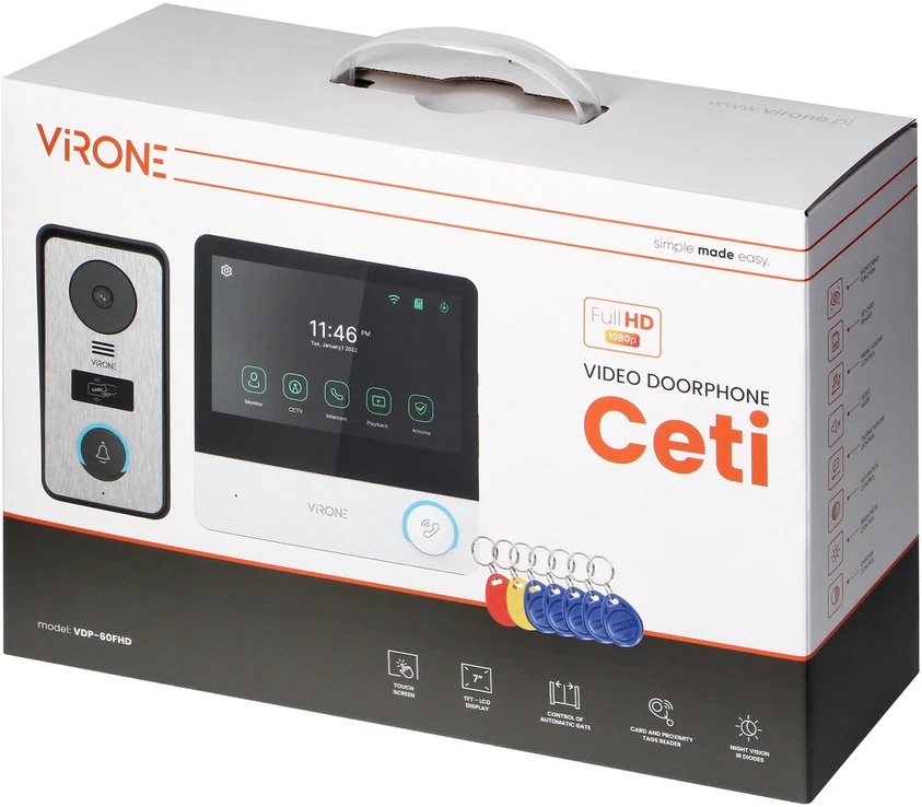 Orno CETI Full HD, vienos šeimos vaizdo domofono komplektas, 4 laidų, 7 colių lietimui jautrus ekranas, Full HD, RFID
